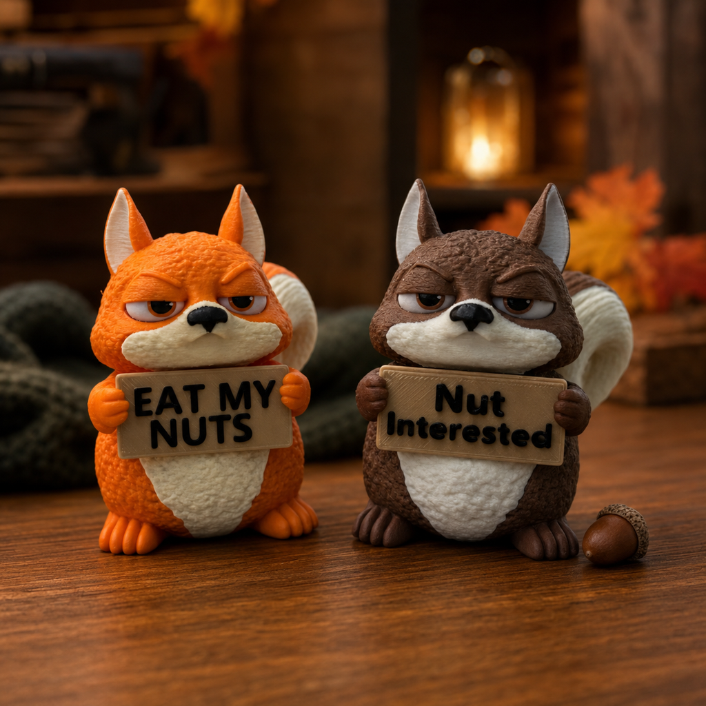 Two small squirrel figurines sitting on a wooden surface in a warm, rustic setting. The left squirrel is orange and white, holding a sign that says 'EAT MY NUTS'.