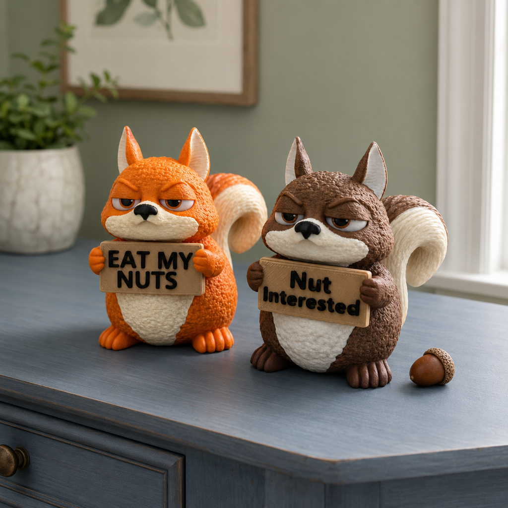 Two funny squirrel figurines sitting on a blue-gray wooden cabinet in a room. The left squirrel is orange with a cream belly and holds a sign that says 'EAT MY NUTS'.