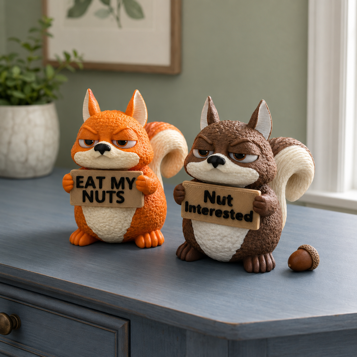 Two funny squirrel figurines sitting on a blue-gray wooden cabinet in a room. The left squirrel is orange with a cream belly and holds a sign that says 'EAT MY NUTS'.