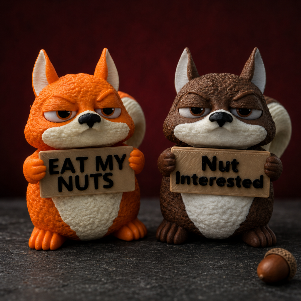 Two small animal figurines resembling squirrels or foxes standing side by side on a dark surface against a dark red background. The left figure is orange with a white chest and holds a sign reading “EAT MY NUTS.