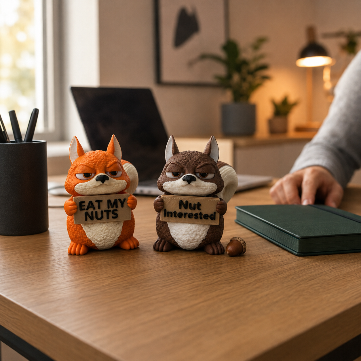 Two novelty squirrel figurines on a wooden desk in a home office setting. The left figurine is orange with a white belly and holds a sign reading 'EAT MY NUTS'.