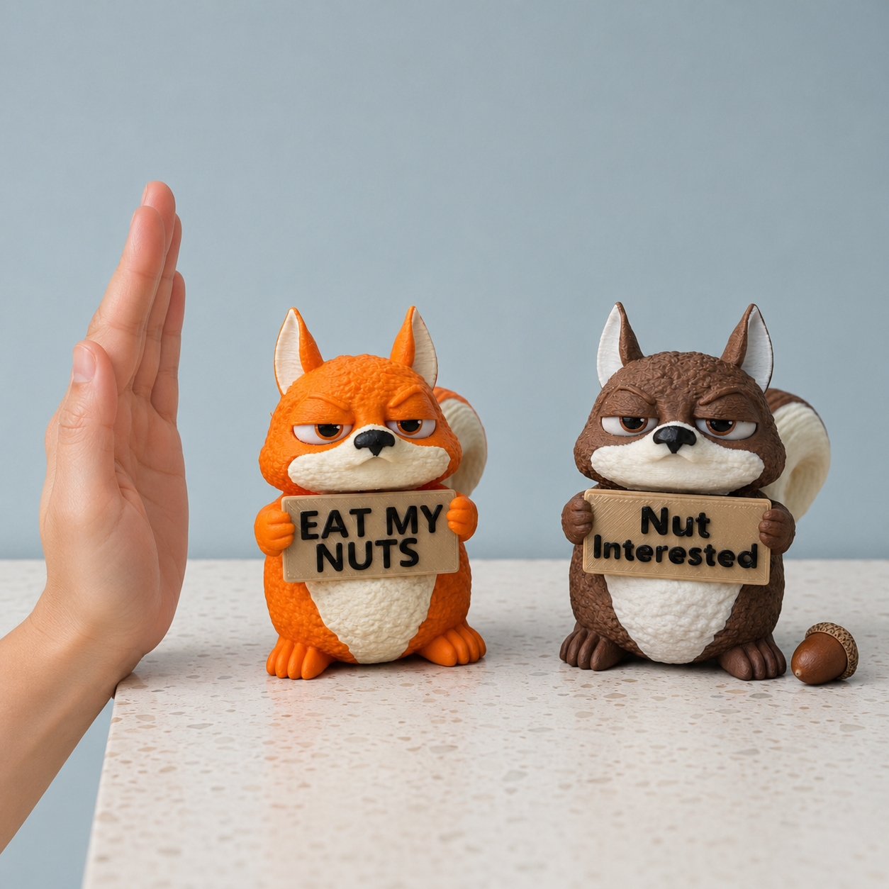 Two cartoon squirrel figurines holding signs reading 'EAT MY NUTS' and 'Nut Interested' on a light speckled surface, with a human hand entering from the left against a pale blue-gray background.