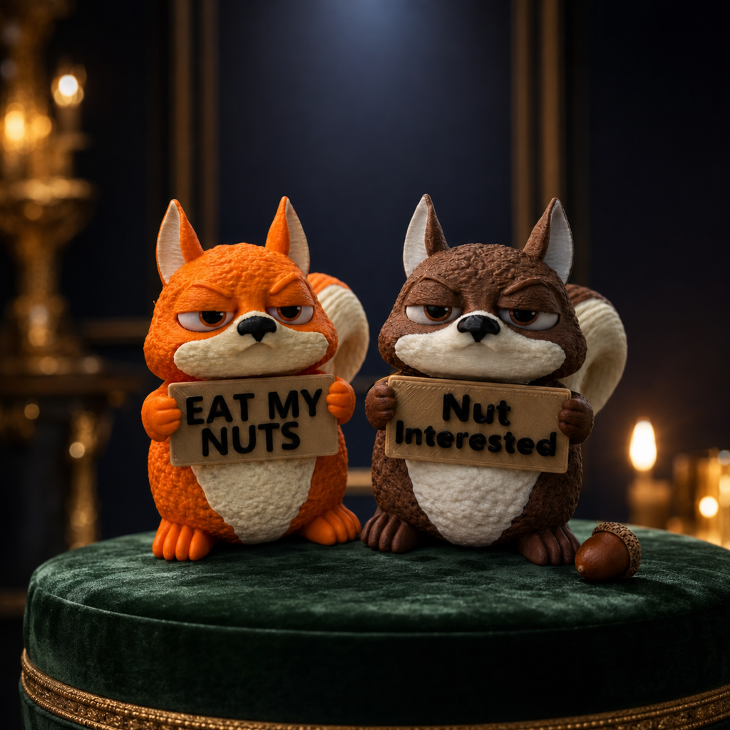 Two cartoon squirrel figurines sitting on a dark green velvet surface. The left squirrel is orange with a white chest and holds a sign that says 'EAT MY NUTS'.