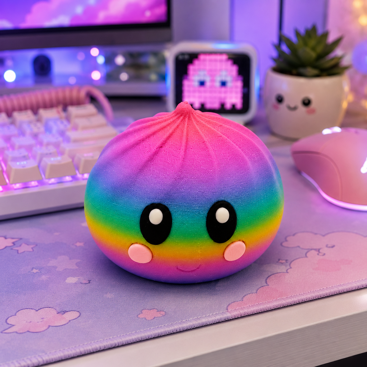 Rainbow Dumpling squishy fidget toy displayed on a modern pastel desk setup