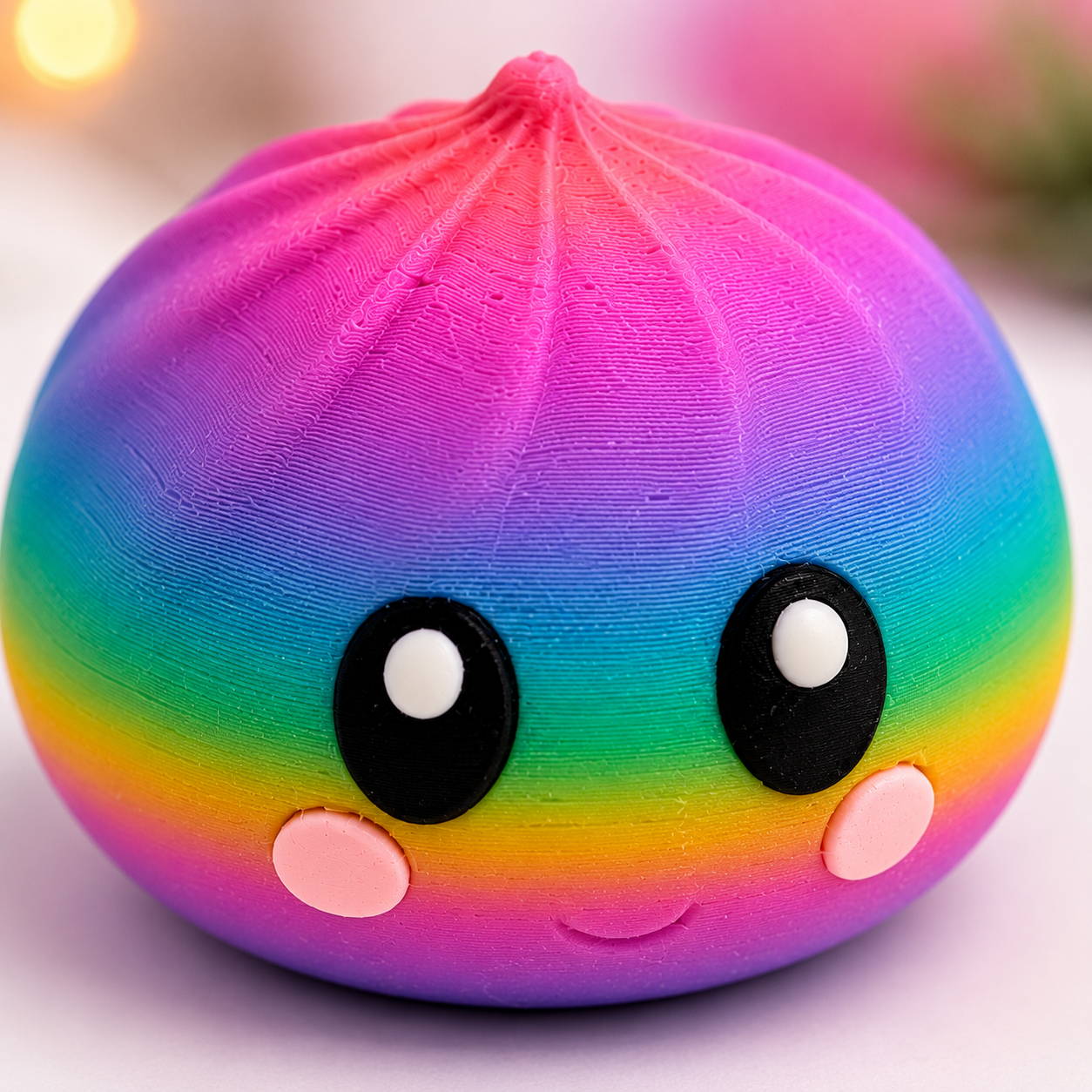 Close-up detail of rainbow dumpling squishy texture and kawaii face