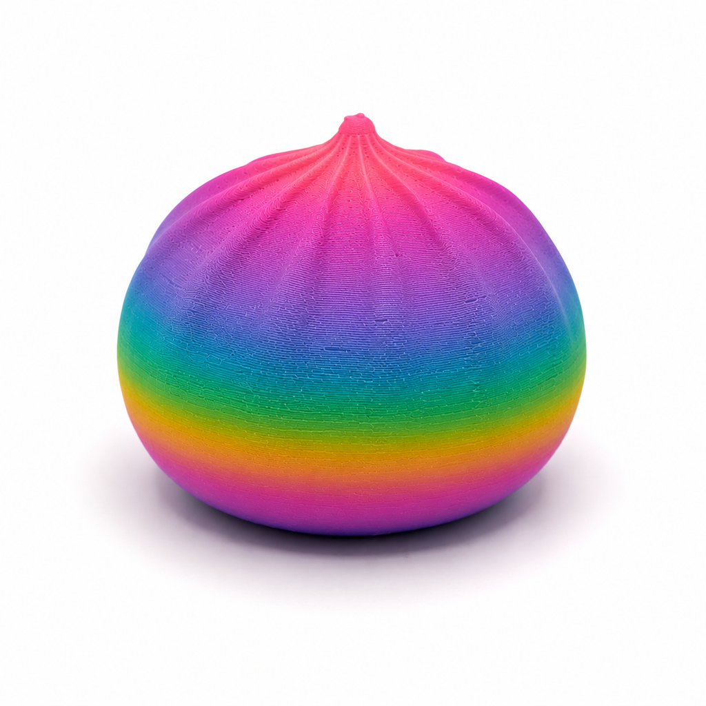 Back view of rainbow dumpling squishy highlighting folds and shape