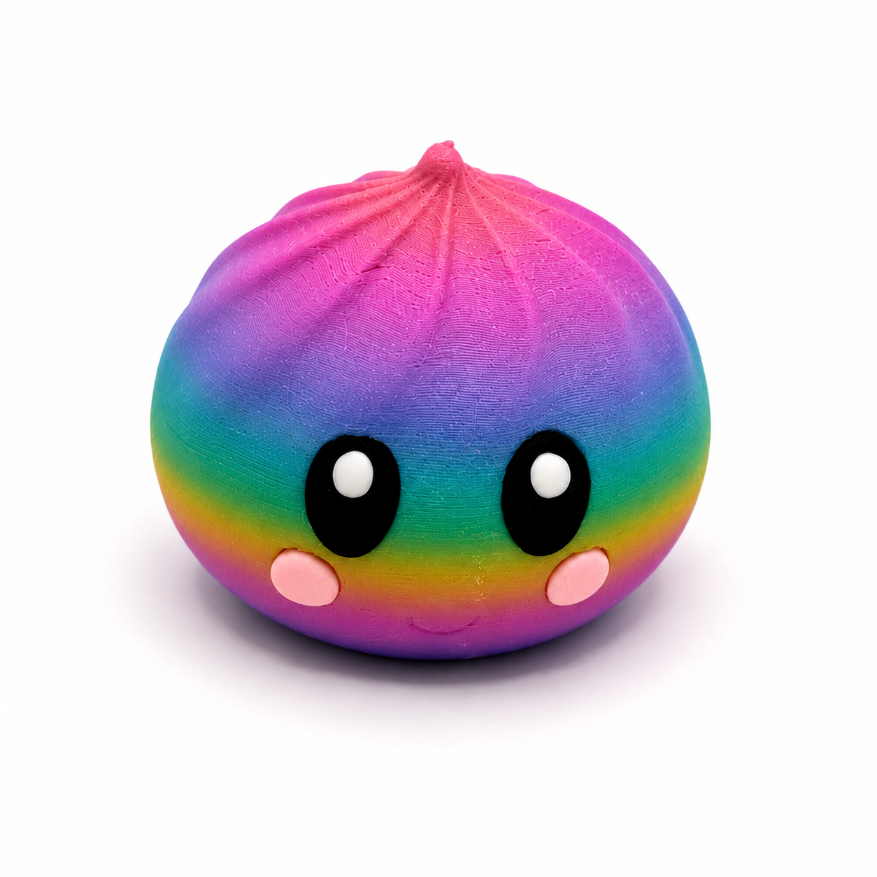 Close-up detail of rainbow dumpling squishy texture and kawaii face