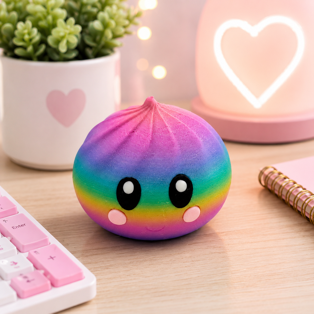 Rainbow dumpling fidget toy displayed on a colorful desk workspace