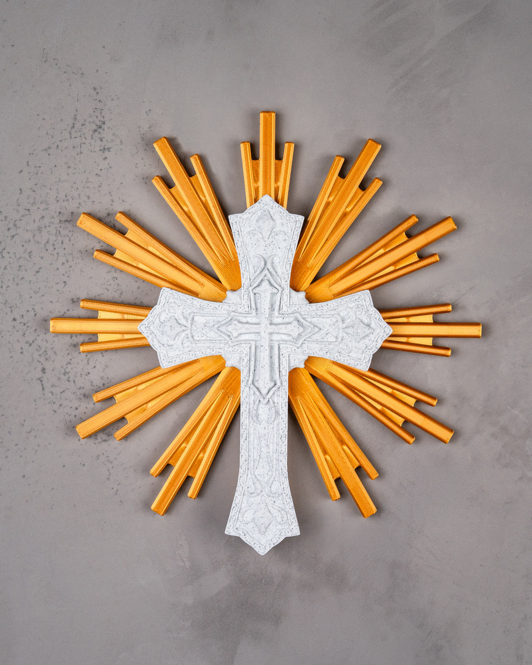 Sacred Cross with Golden Sunburst, Christian Home Décor, Religious Altar Display, Standing Crucifix-Inspired Gift, 8.7 Inch Cross