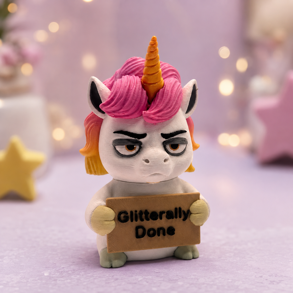 A small white unicorn figurine with pink and orange hair, a gold horn, and an angry expression, holding a cardboard sign that reads 'Glitterally Done'. The background is a soft, blurred pastel pink and purple setting with bokeh lights.