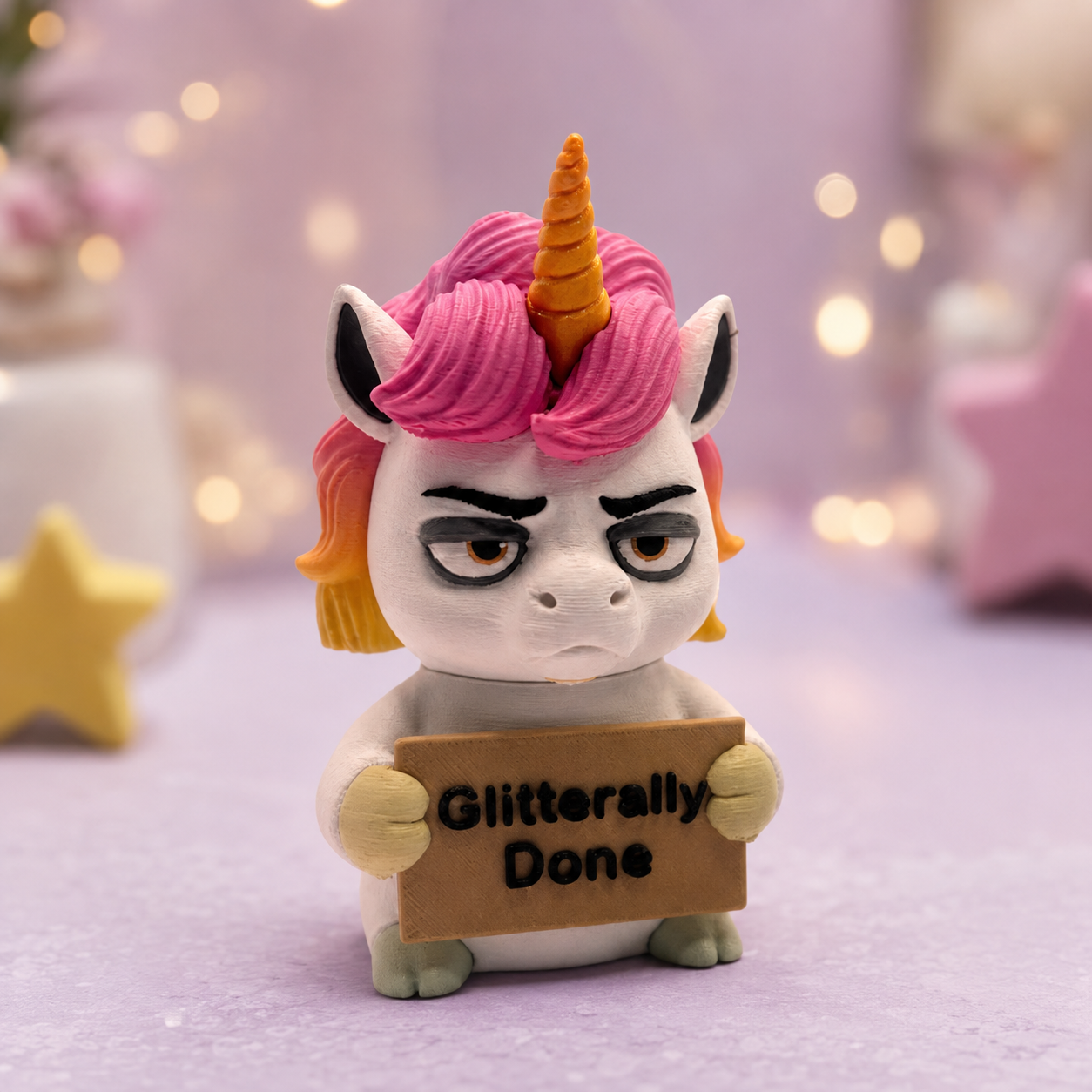 A small white unicorn figurine with pink and orange hair, a gold horn, and an angry expression, holding a cardboard sign that reads 'Glitterally Done'. The background is a soft, blurred pastel pink and purple setting with bokeh lights.