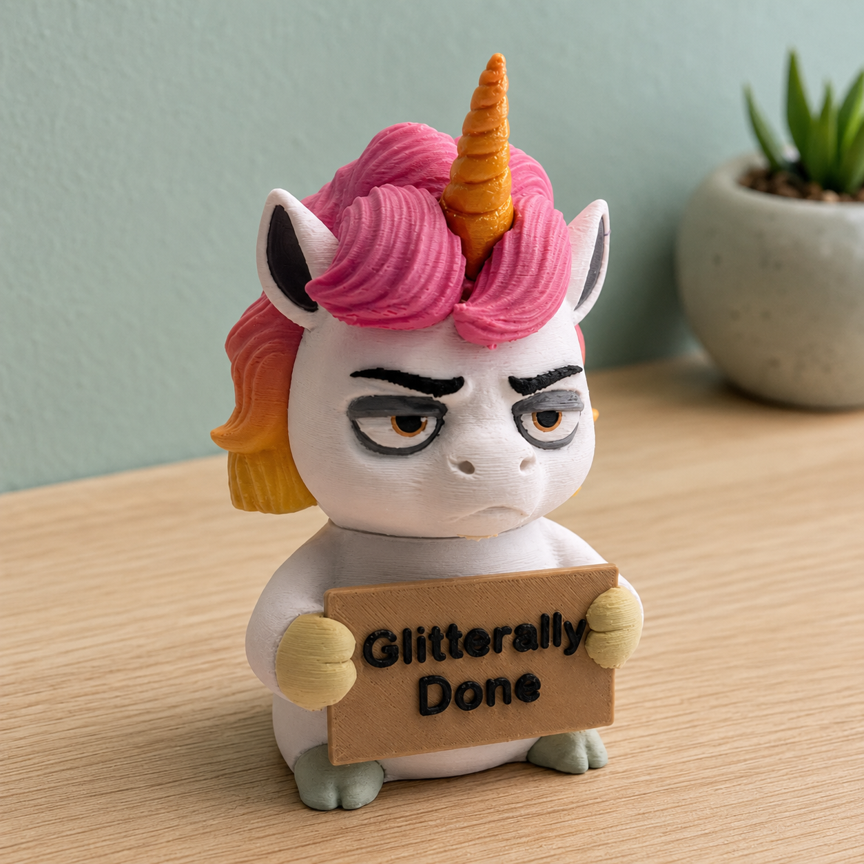 A white cartoon unicorn figurine with pink and orange hair, a gold horn, and an angry expression, holding a cardboard sign that says 'Glitteringly Done'. The figurine is placed on a light wood surface with a small potted plant in the background.