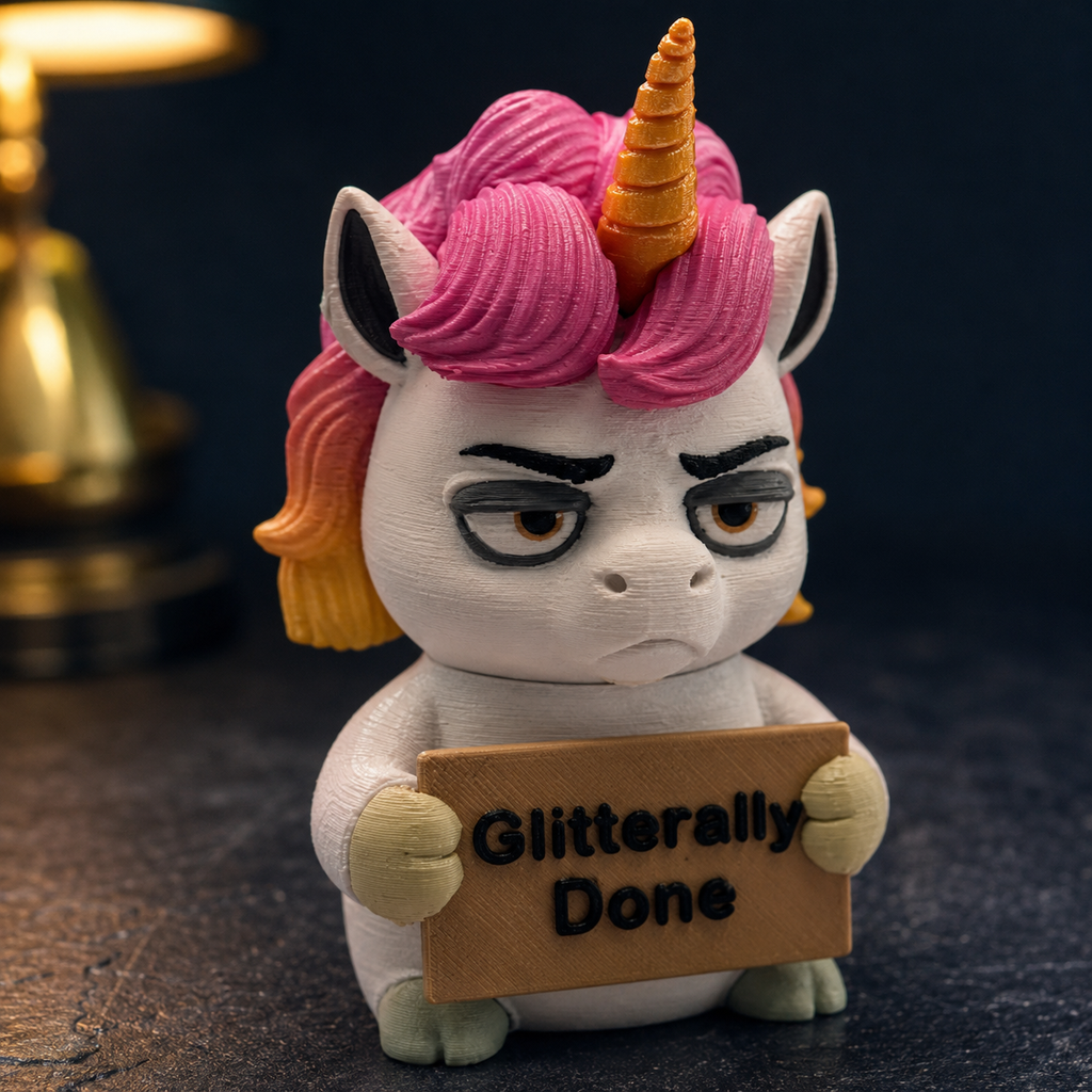 A 3D-printed unicorn figurine with a grumpy expression, featuring pink and orange hair, a gold horn, and holding a sign that reads 'Glitteringly Done'.