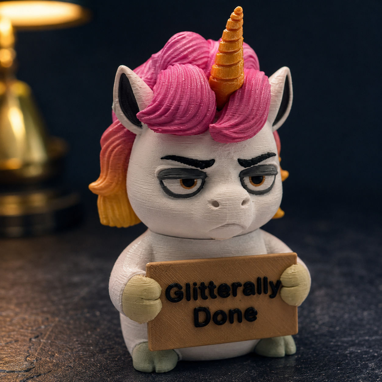 A 3D-printed unicorn figurine with a grumpy expression, featuring pink and orange hair, a gold horn, and holding a sign that reads 'Glitteringly Done'.