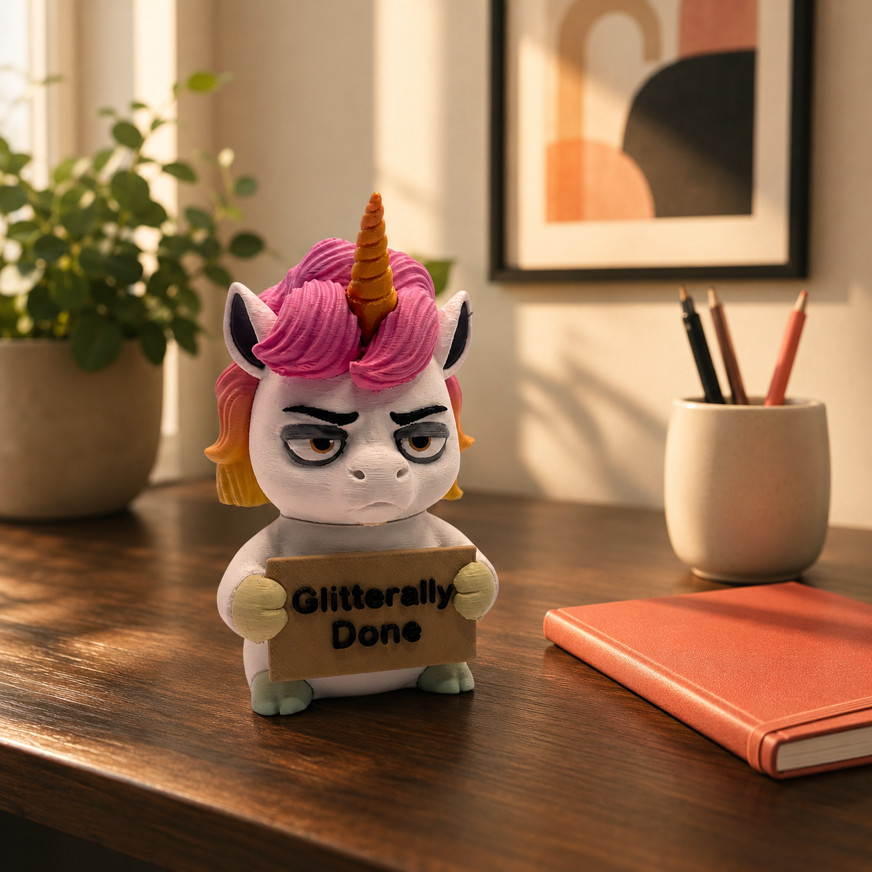 A small unicorn figurine with pink and orange hair, a gold horn, and a cardboard sign reading 'Glitteringly Done' sits on a wooden desk in a styled room setting with a plant, framed art, and a notebook.