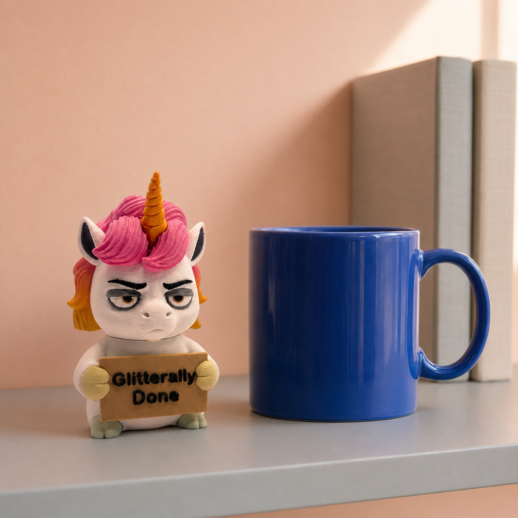 A small cartoon unicorn figurine with pink hair, a gold horn, and a cardboard sign reading 'Glitteringly Done' sits on a shelf next to a blue ceramic mug, with books in the background.