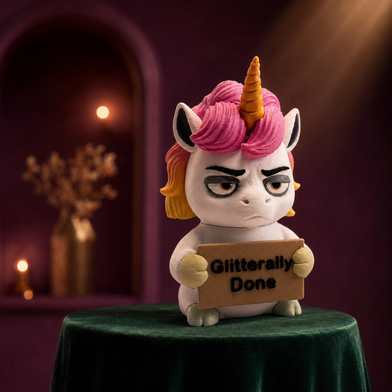 A stylized white cartoon unicorn figurine with pink and yellow hair, a gold horn, and a cardboard sign reading 'Glitterally Done,' standing on a dark green draped pedestal in a dim purple room.