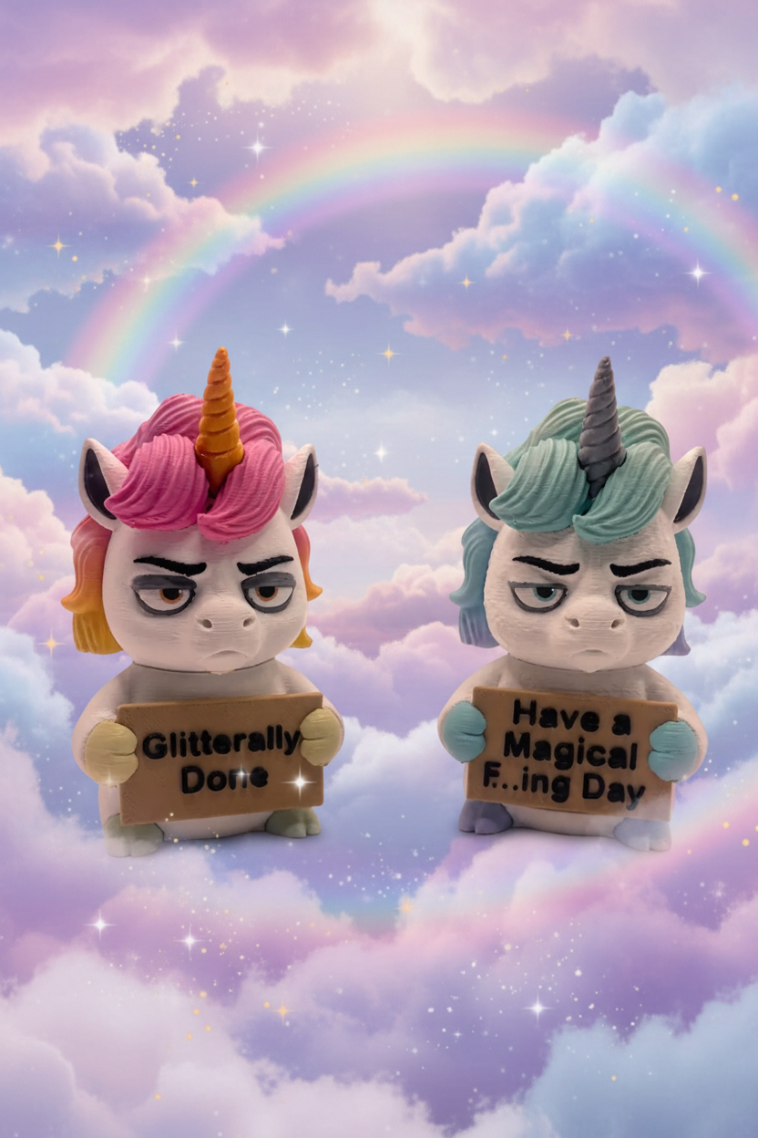 Two unicorn figurines with humorous signs on a light gray background