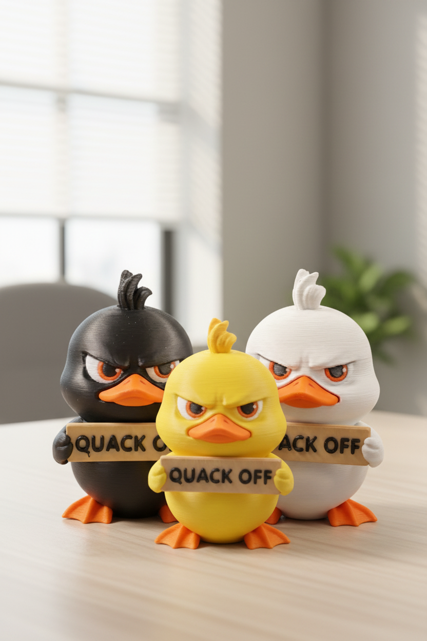 Three Angry Birds-style toy birds holding a banner that reads 'QUACK OFF' against a plain light gray background.