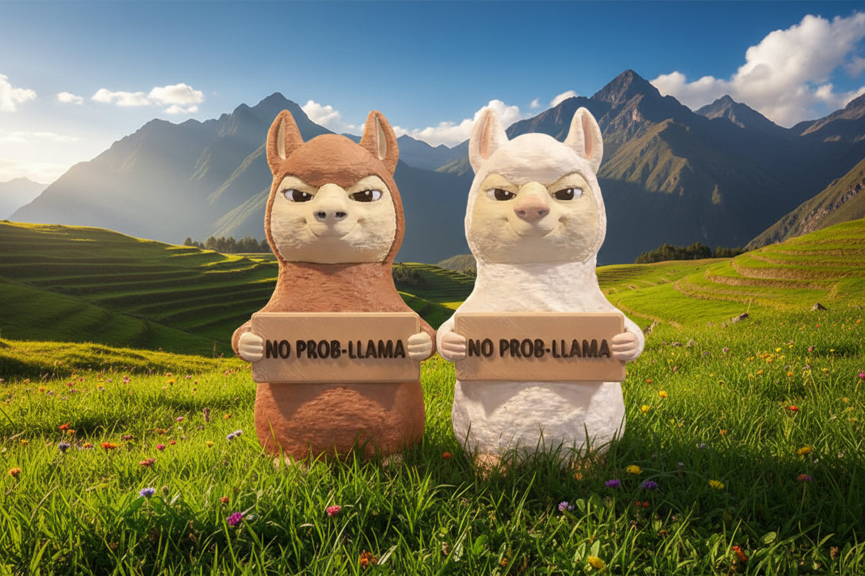 Two small llama figurines standing side by side on a plain light gray background. The left llama is medium brown and the right llama is white, and both hold a wooden sign that reads 'NO PROB-LLAMA'.