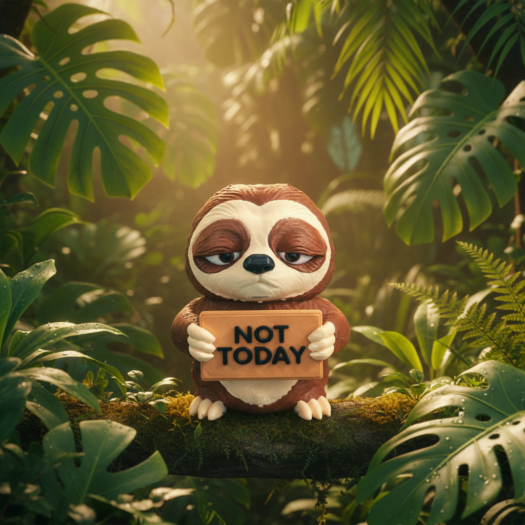 A sloth figurine holding a sign that reads 'NOT TODAY' in black letters on a light brown plaque. The sloth has brown and cream fur, and is centered against a solid gray background.